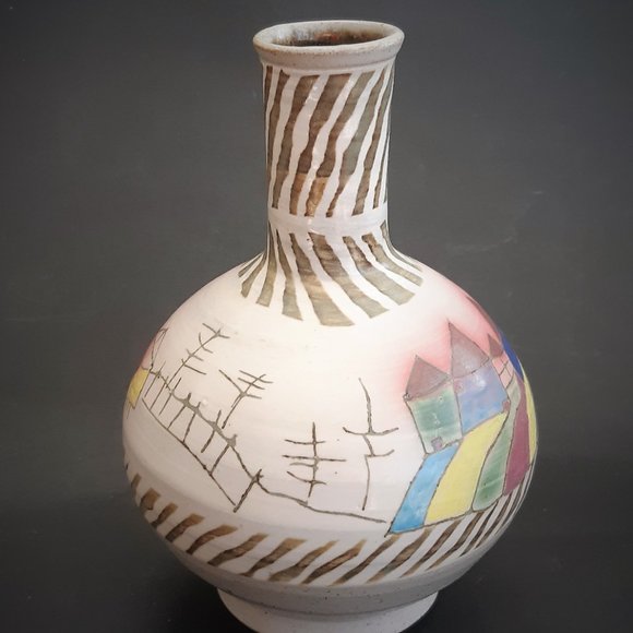 VTG Art Pottery Vase Abstract Hand Painted Pastel Colors Rare Signed - Picture 4 of 10